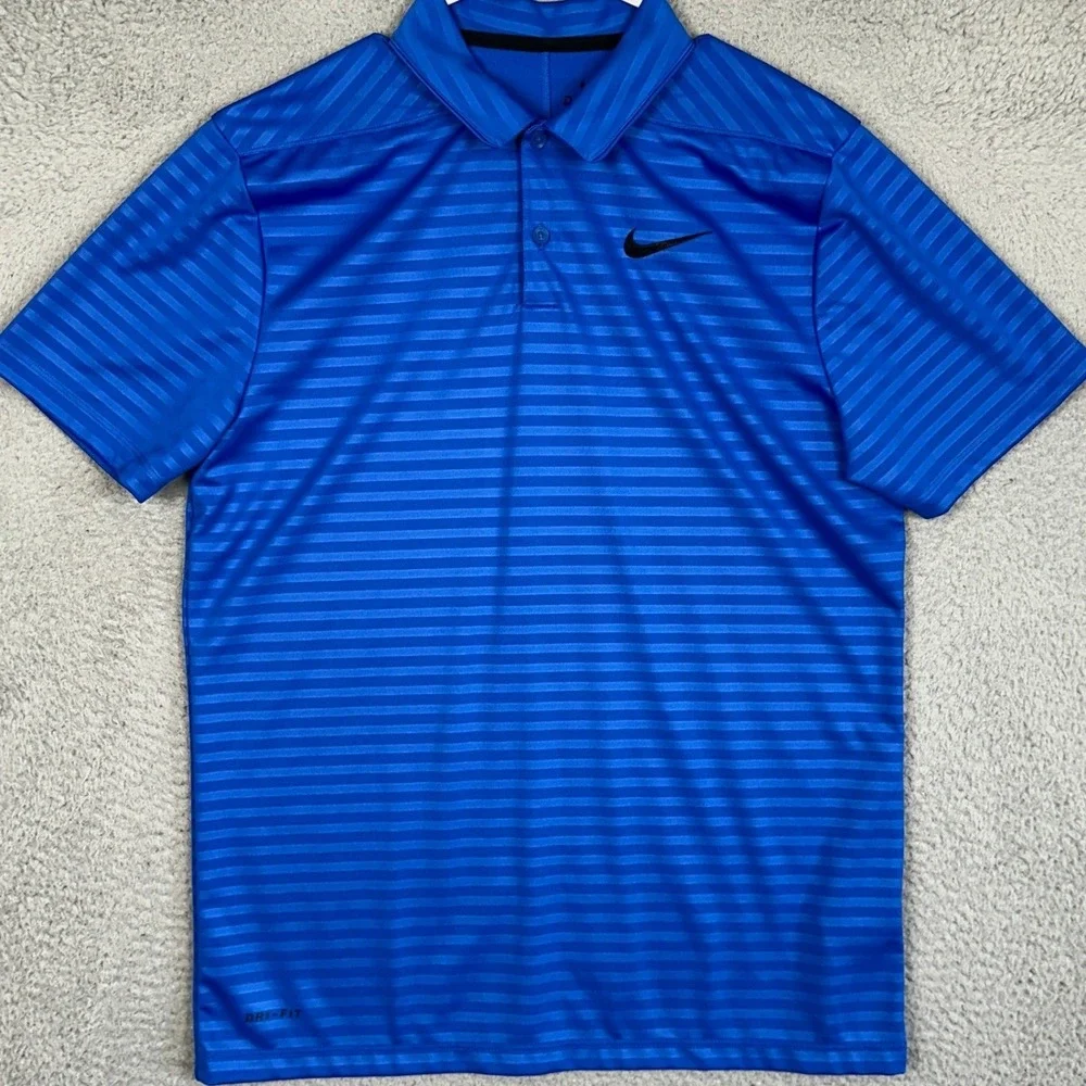 Nike Dri-FIT Polo Shirt Mens Medium Royal Blue Striped Golf Rugby Short Sleeve